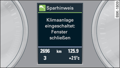 Instrument cluster: Economy tip (Air conditioner switched on: close windows)